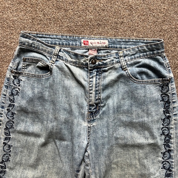 Vintage COS Jeans Blue Light Wash Flared Denim Rhinestone Embroidered Size 10 - Picture 3 of 16